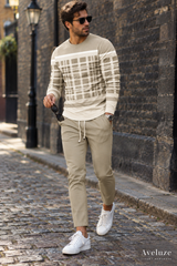 Conjunto masculino bege patchwork — street style Londres | Aveluze