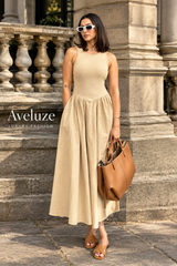 Vestido longo khaki sem manga — editorial britânico | Aveluze
