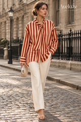 Blusa listrada vermelho e bege com laço lateral — editorial britânico | Aveluze