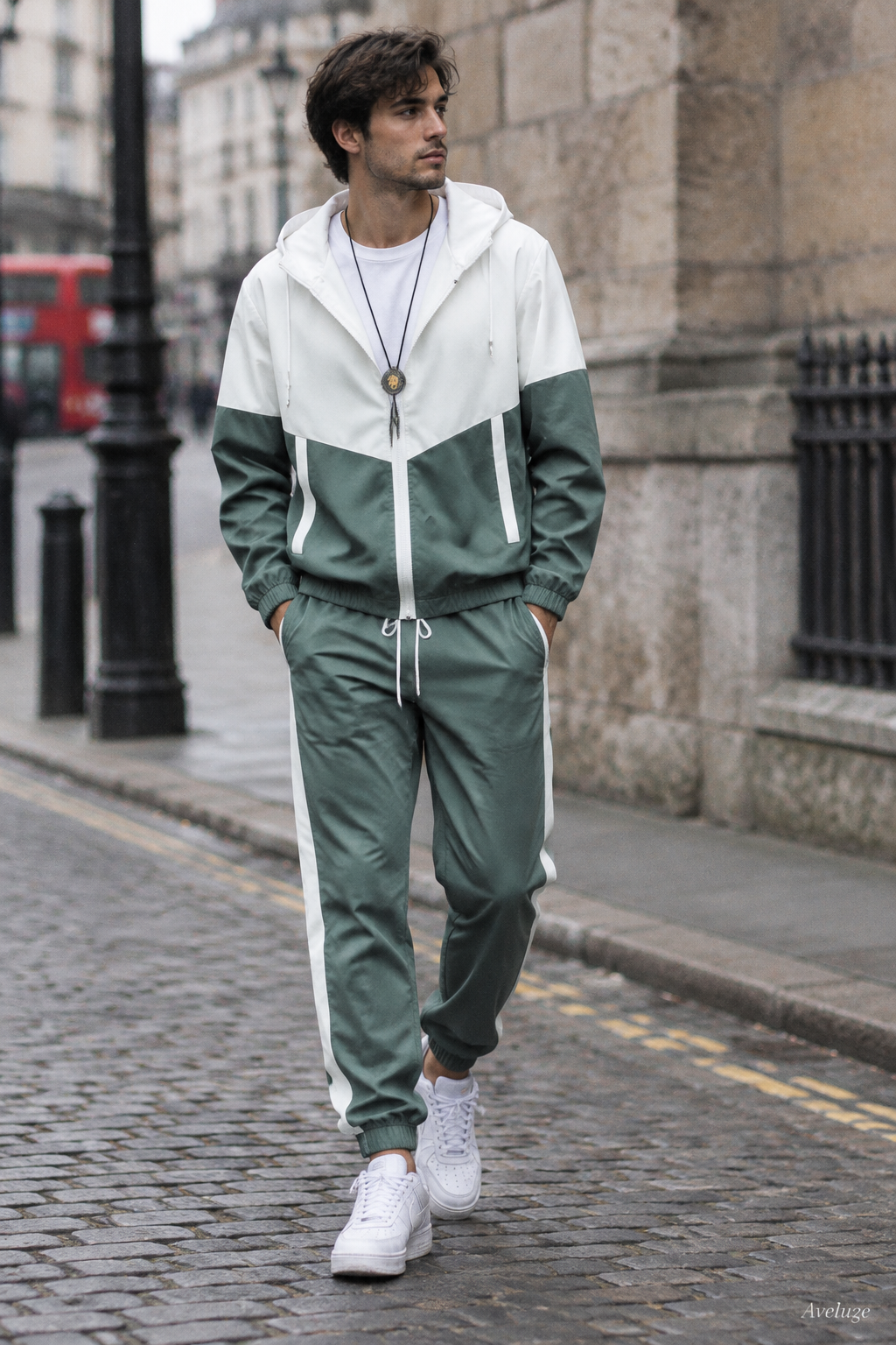 Conjunto verde claro patchwork tracksuit — street style Londres | Aveluze