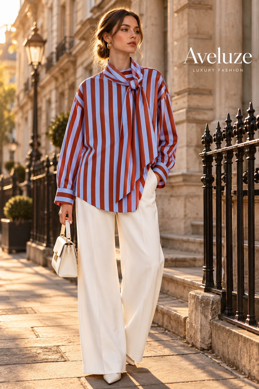 Blusa listrada azul e vermelho com laço lateral — editorial britânico | Aveluze
